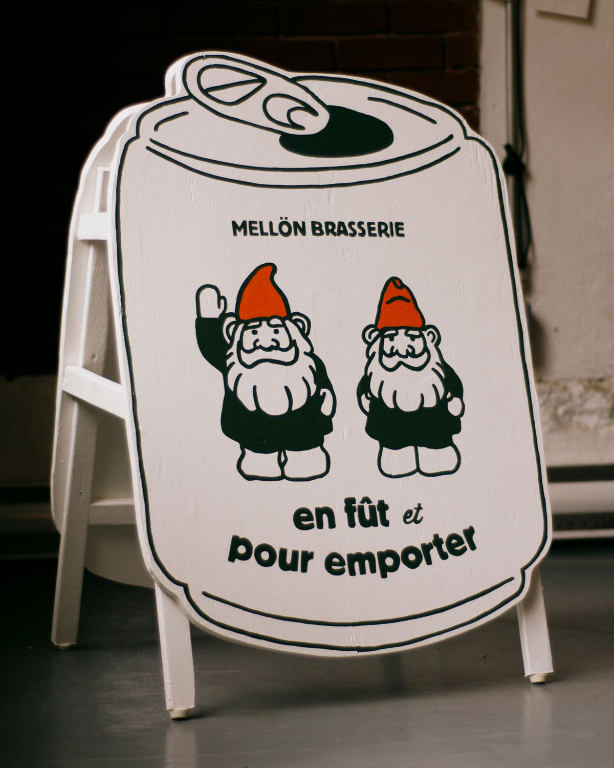 Mellön Brasserie A-frame sign with gnome illustrations